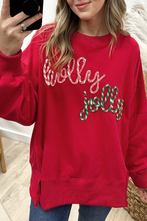 Textured Script Applique Relaxed Fit Crew Neck Sweatshirt