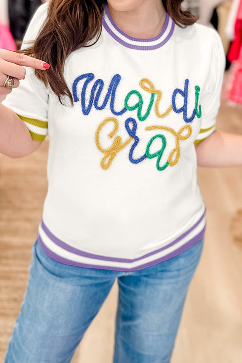Textured Script Embroidered Short Sleeve Sweater Top
