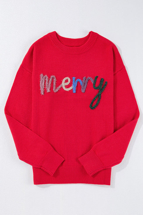 Textured Script Graphic Crew Neck Knit Sweater