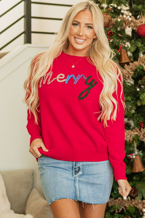 Textured Script Graphic Crew Neck Knit Sweater