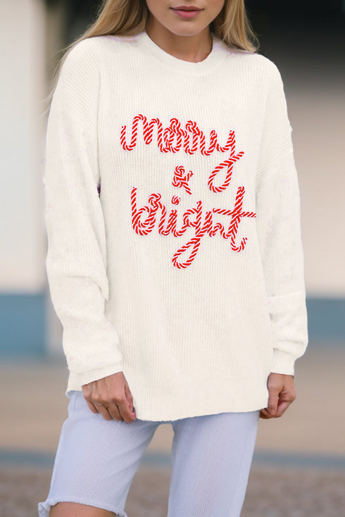 Textured Script Graphic Ribbed Knit Pullover Sweater