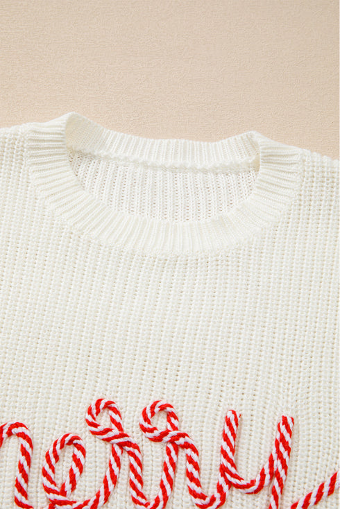 Textured Script Graphic Ribbed Knit Pullover Sweater