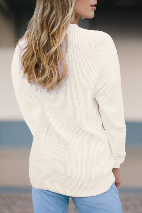 Textured Script Graphic Ribbed Knit Pullover Sweater