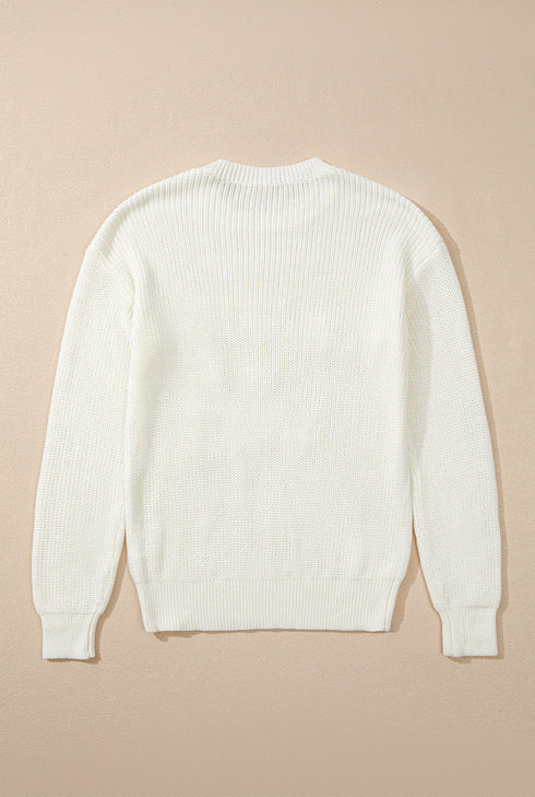 Textured Script Graphic Ribbed Knit Pullover Sweater