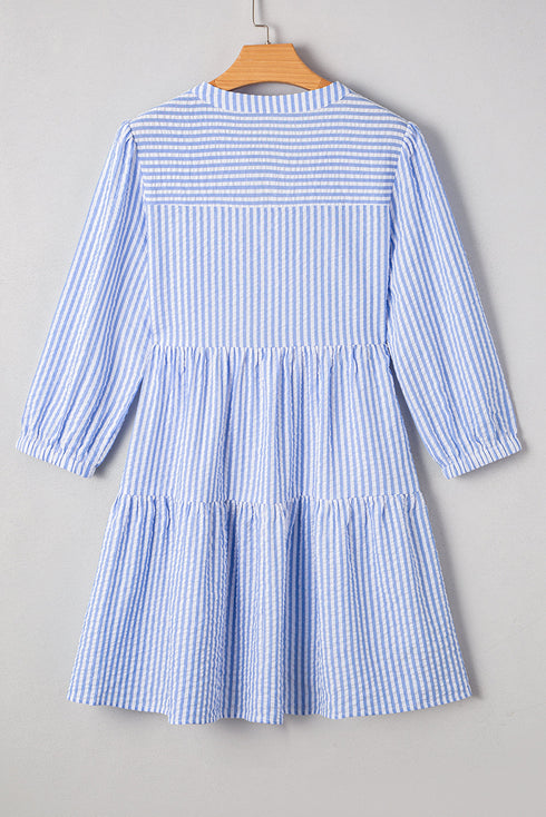 Textured Seersucker Stripe Split Neck Tiered Mini Dress With Pockets