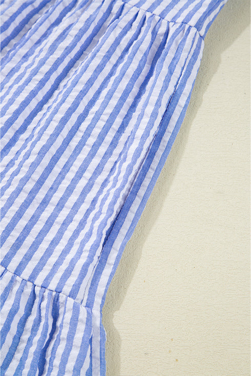 Textured Seersucker Stripe Split Neck Tiered Mini Dress With Pockets