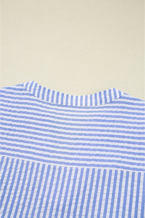 Textured Seersucker Stripe Split Neck Tiered Mini Dress With Pockets