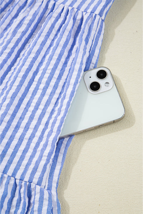 Textured Seersucker Stripe Split Neck Tiered Mini Dress With Pockets