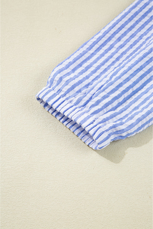 Textured Seersucker Stripe Split Neck Tiered Mini Dress With Pockets