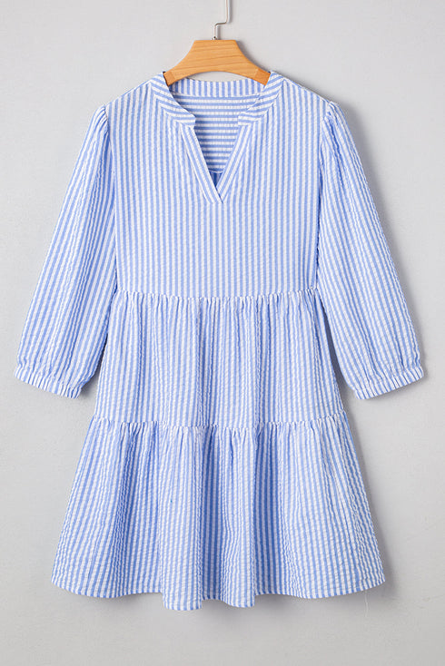 Textured Seersucker Stripe Split Neck Tiered Mini Dress With Pockets