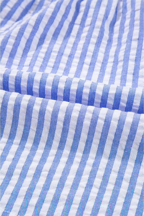 Textured Seersucker Stripe Split Neck Tiered Mini Dress With Pockets