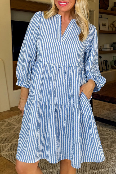 Textured Seersucker Stripe Split Neck Tiered Mini Dress With Pockets