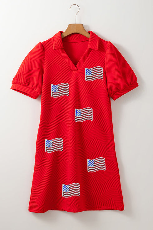 Textured Sequin American Flag Polo Collar Graphic Dress