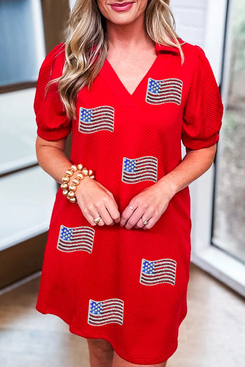 Textured Sequin American Flag Polo Collar Graphic Dress