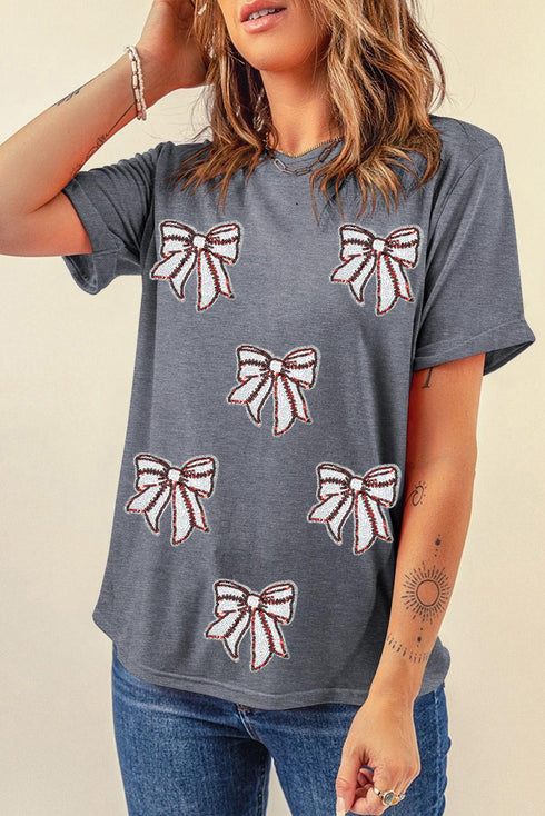 Textured Sequin Bow Graphic Short Sleeve Tee