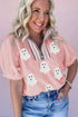 Textured Sequin Ghost Patch Contrast Trim Short Sleeve Tee