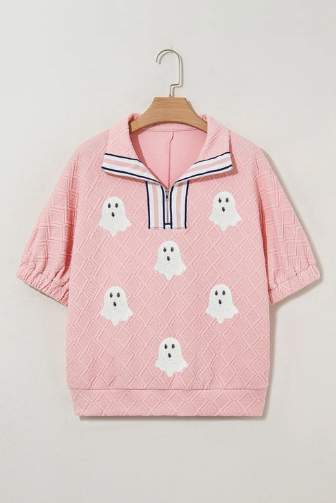Textured Sequin Ghost Patch Contrast Trim Short Sleeve Tee