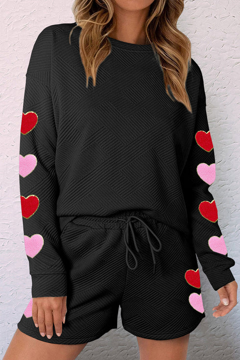 Textured Sequin Heart Print Long Sleeve Shorts Graphic Sets