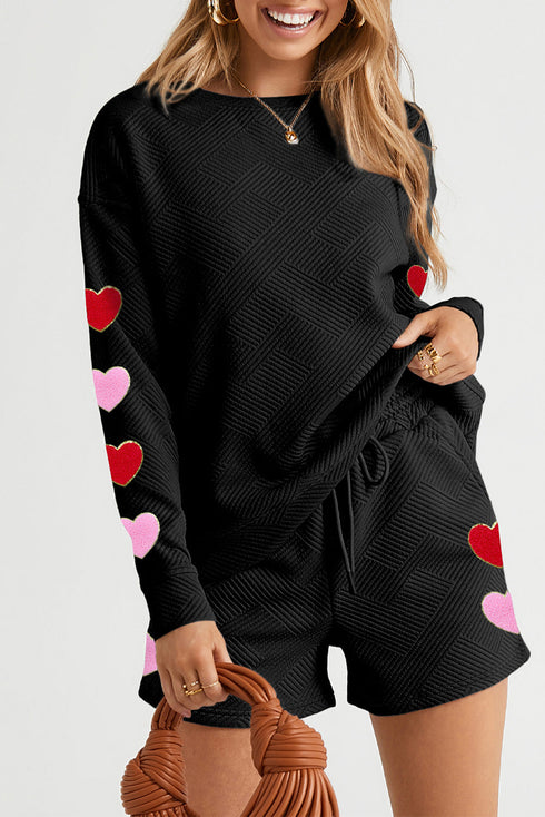 Textured Sequin Heart Print Long Sleeve Shorts Graphic Sets