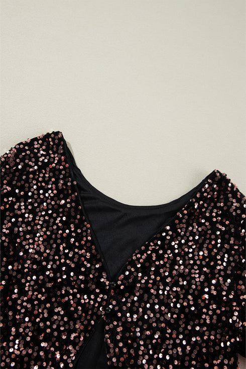 Textured Sequin Long Sleeve Round Neck Cutout Back Top