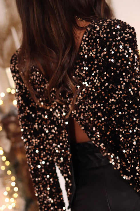 Textured Sequin Long Sleeve Round Neck Cutout Back Top