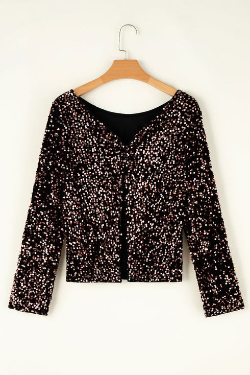 Textured Sequin Long Sleeve Round Neck Cutout Back Top