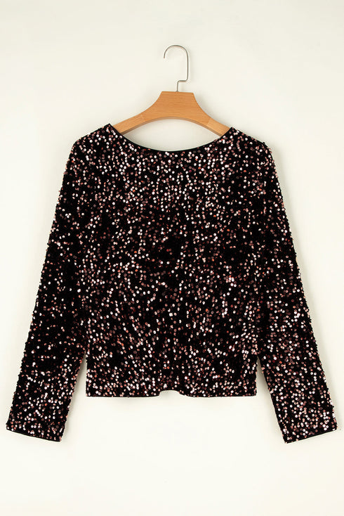 Textured Sequin Long Sleeve Round Neck Cutout Back Top