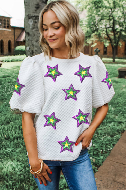 Textured Sequin Star Graphic Puff Sleeve Top
