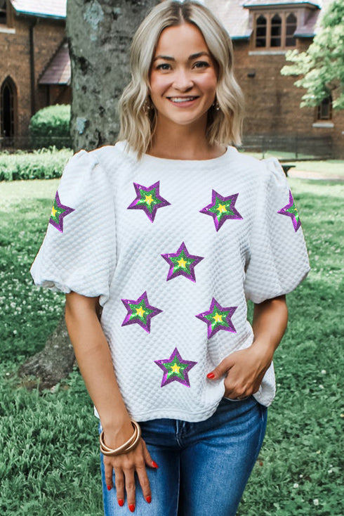 Textured Sequin Star Graphic Puff Sleeve Top