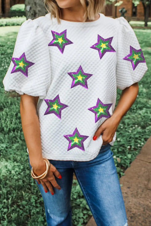 Textured Sequin Star Graphic Puff Sleeve Top