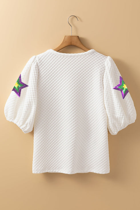Textured Sequin Star Graphic Puff Sleeve Top