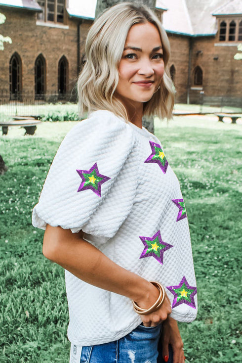 Textured Sequin Star Graphic Puff Sleeve Top