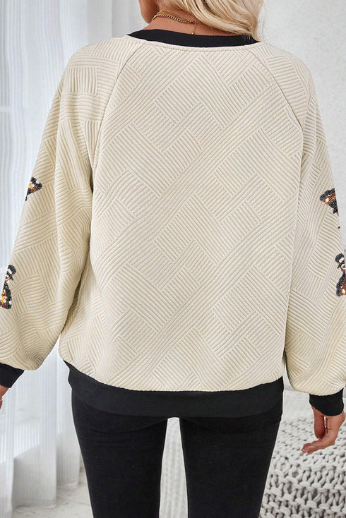 Textured Sequin Turkey Graphic Long Sleeve Holiday Sweatshirt