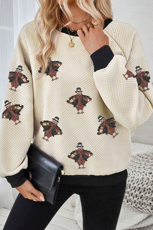Textured Sequin Turkey Graphic Long Sleeve Holiday Sweatshirt