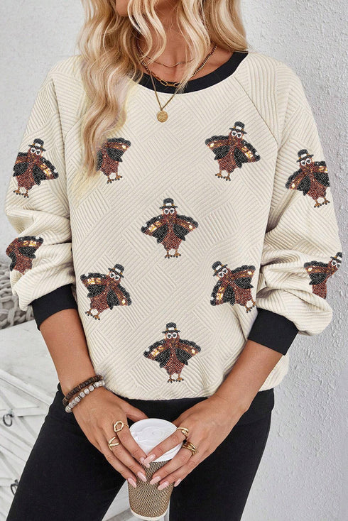 Textured Sequin Turkey Graphic Long Sleeve Holiday Sweatshirt