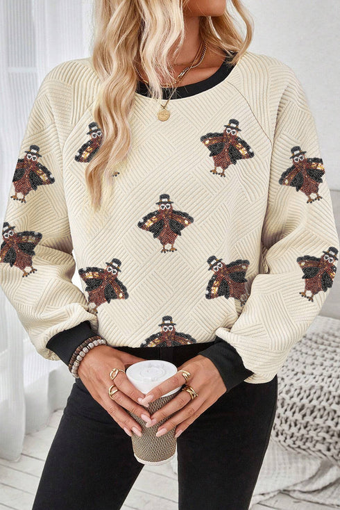 Textured Sequin Turkey Graphic Long Sleeve Holiday Sweatshirt