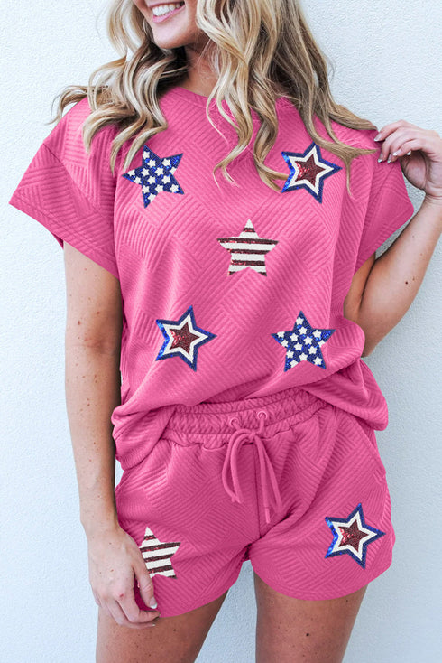 Textured Sequined American Star Print Short Graphic Sets