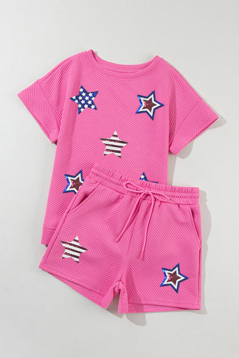 Textured Sequined American Star Print Short Graphic Sets
