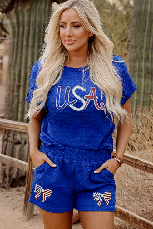 Textured Sequined USA Bowknot Button Back Graphic Short Set