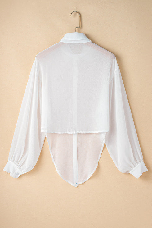 Textured Sheer Long Sleeve Tie Front Button Down Shirt
