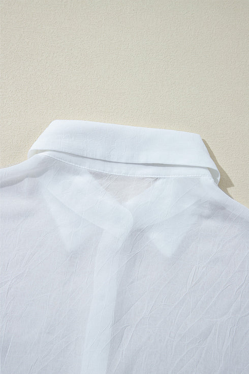 Textured Sheer Long Sleeve Tie Front Button Down Shirt