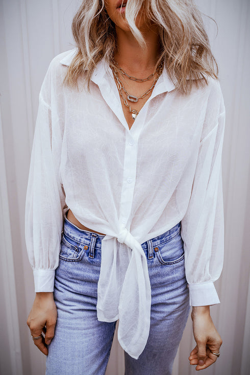 Textured Sheer Long Sleeve Tie Front Button Down Shirt