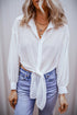 Textured Sheer Long Sleeve Tie Front Button Down Shirt