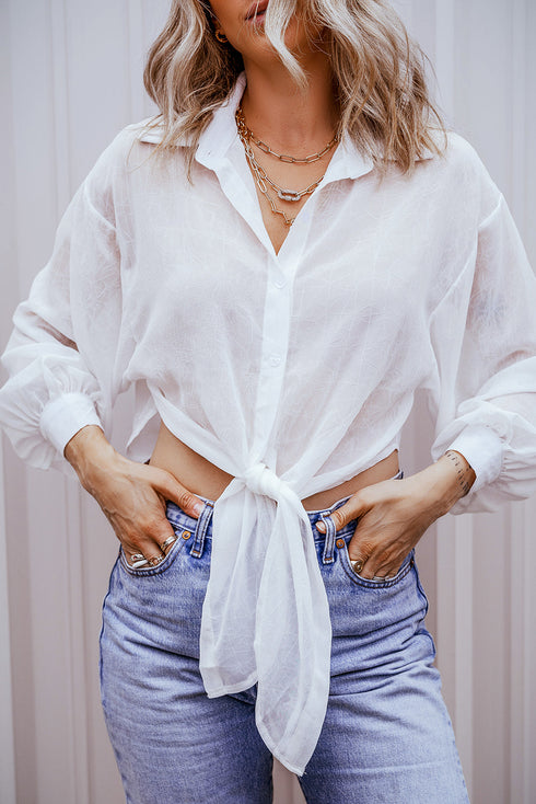 Textured Sheer Long Sleeve Tie Front Button Down Shirt