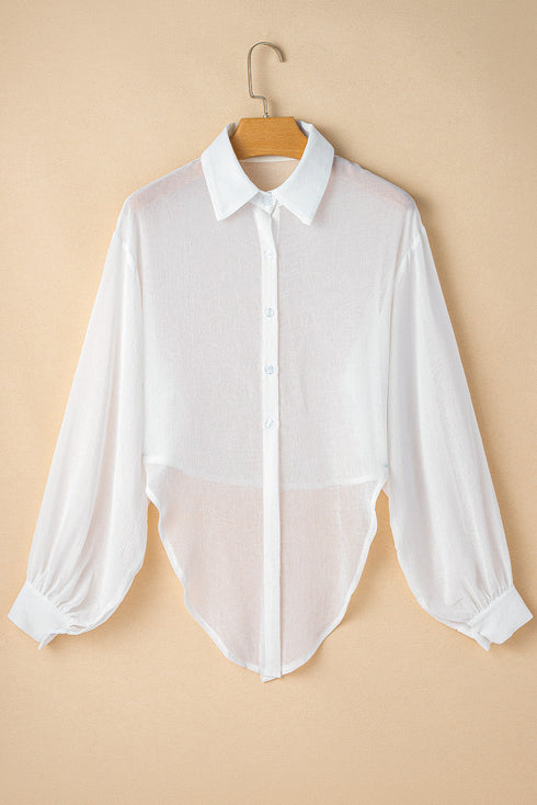 Textured Sheer Long Sleeve Tie Front Button Down Shirt