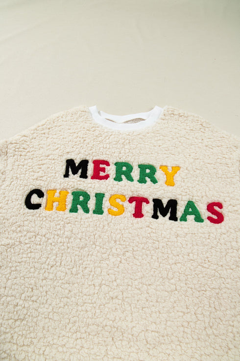 Textured Sherpa Fleece Graphic Letter Pullover Sweatshirt