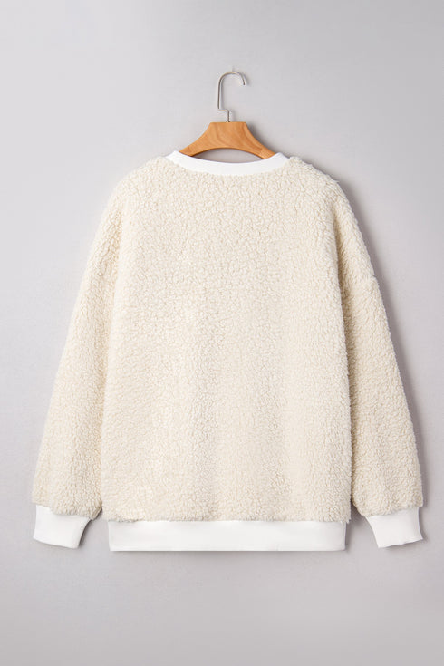 Textured Sherpa Fleece Graphic Letter Pullover Sweatshirt