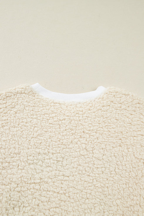 Textured Sherpa Fleece Graphic Letter Pullover Sweatshirt