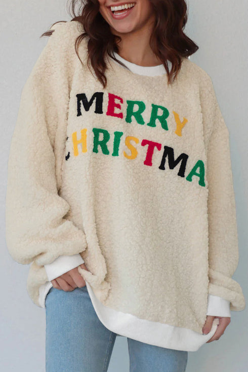 Textured Sherpa Fleece Graphic Letter Pullover Sweatshirt