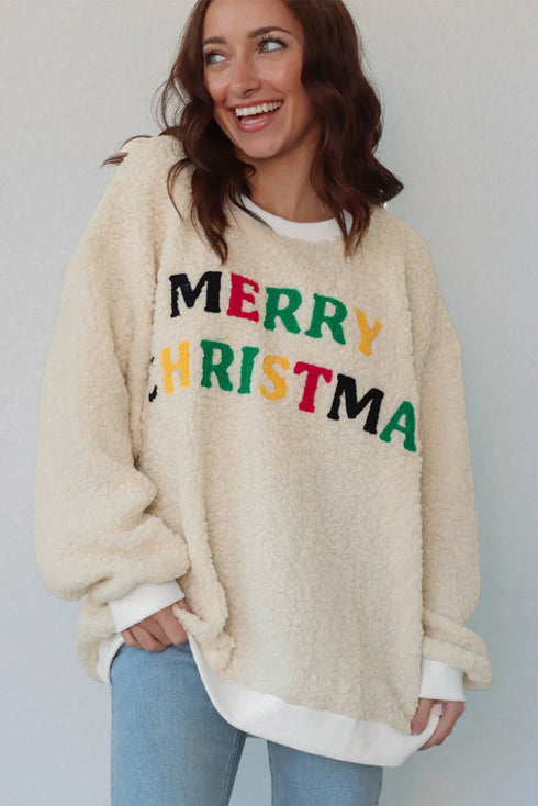 Textured Sherpa Fleece Graphic Letter Pullover Sweatshirt